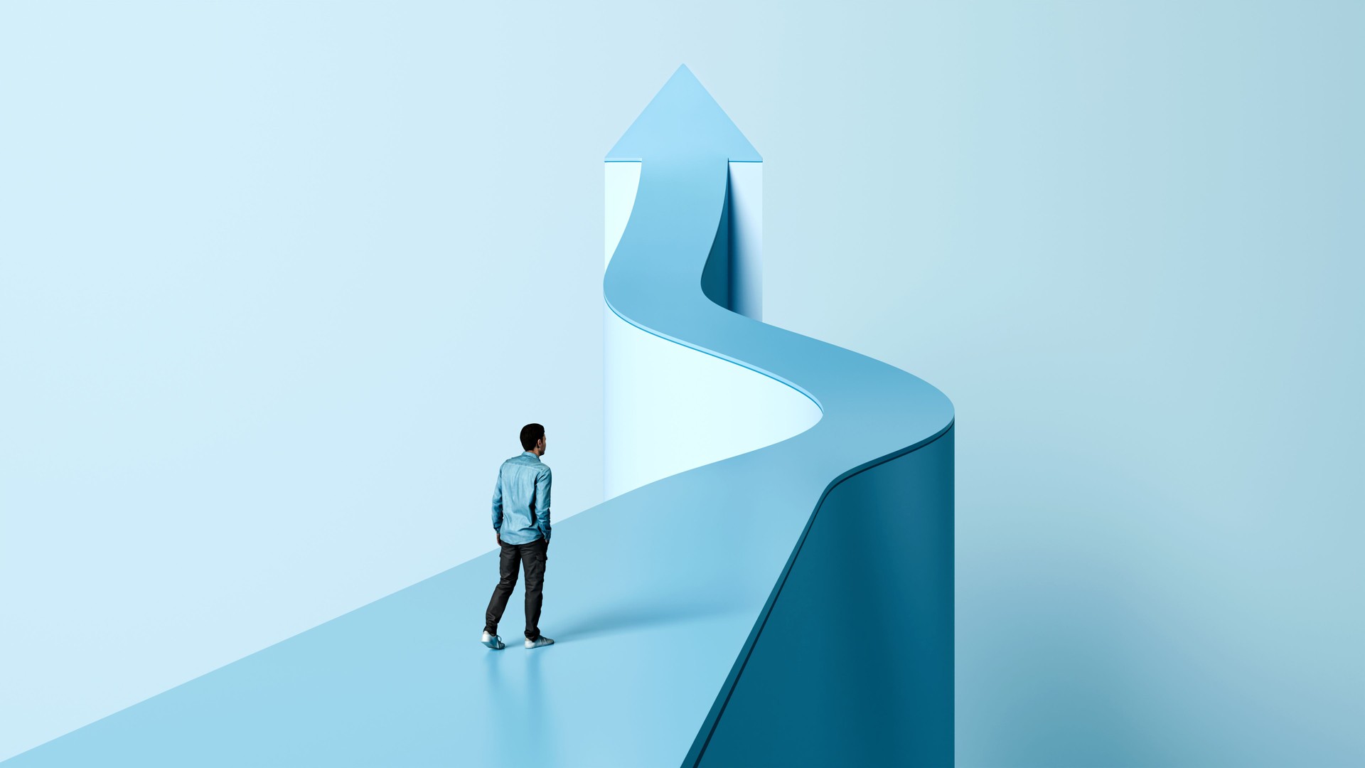 En avant et vers le haut, Chemin vers le succès, Homme marchant sur la flèche, Croissance de carrière et succès, Rendu 3D